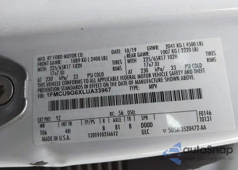 2020 Ford Escape Se from USA, damaged, VIN 1FMCU9G6XLUA33967
